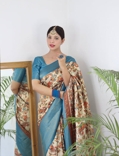 Digitally Printed Kuber Pattu Silk Saree, Exuding Regal Charm With Its Rich Pallu And Intricate Brocade Blouse, Elegantly Adorned With Enchanting Tassels On The Saree's Edge. - Almaari Fashion