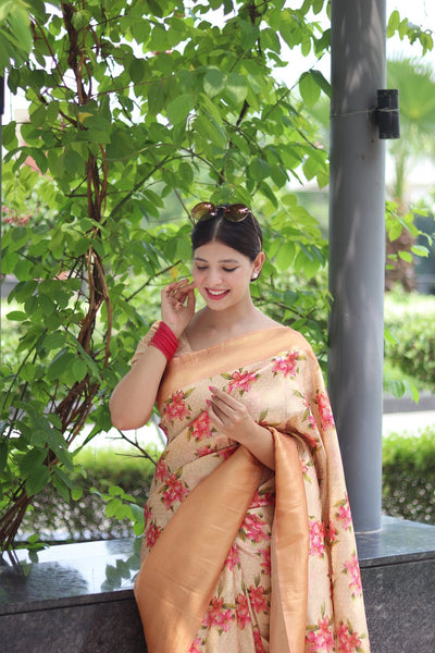 Digitally Printed Kuber Pattu Silk Saree, Exuding Regal Charm With Its Rich Pallu And Intricate Brocade Blouse, Elegantly Adorned With Enchanting Tassels On The Saree's Edge. - Almaari Fashion