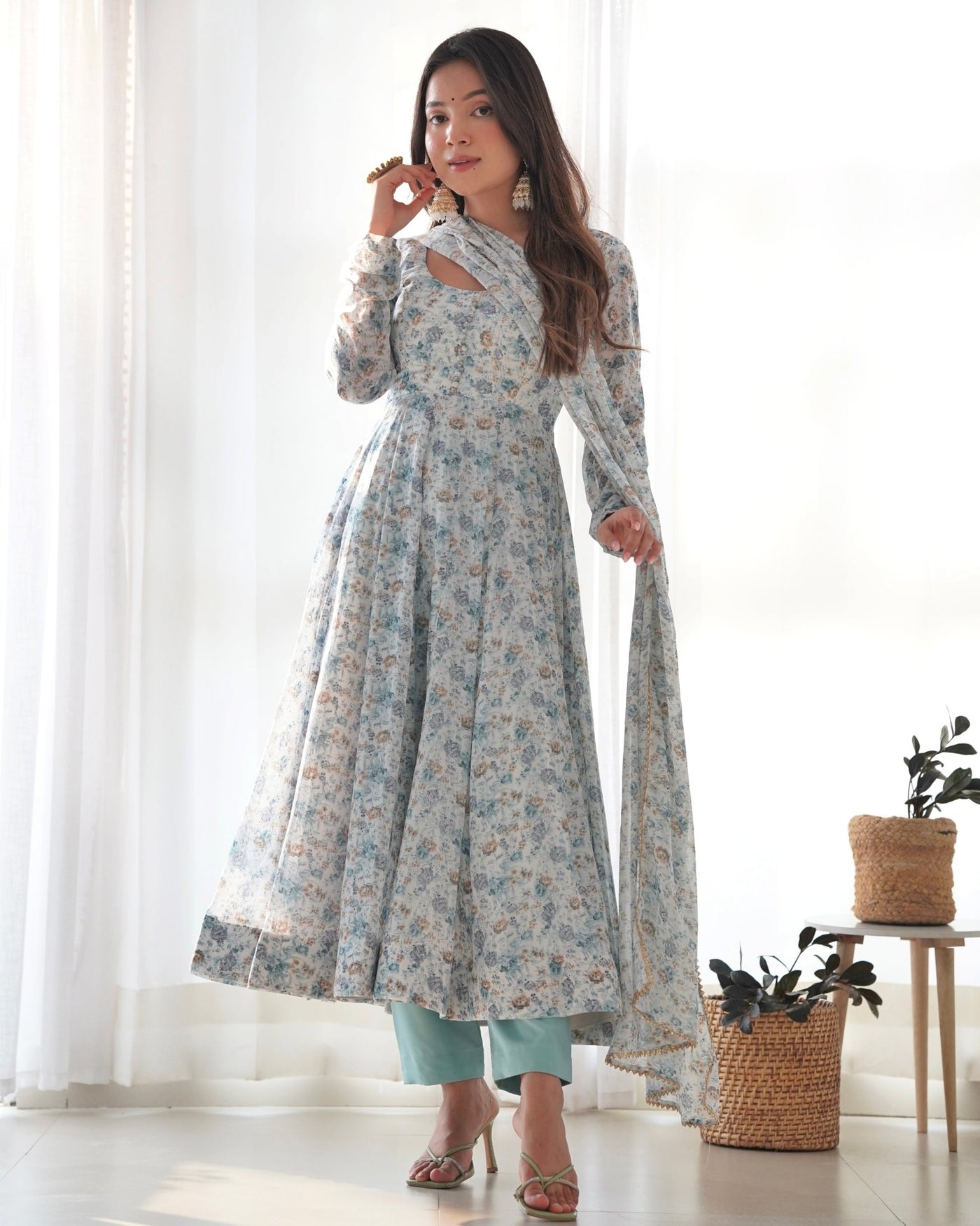 Digitally Printed Pure Chiffon Anarkali Suit With Huge Flair Comes With Duppatta & Pant - Almaari Fashion