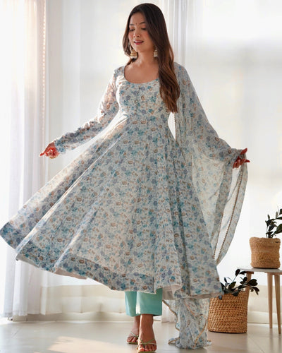 Digitally Printed Pure Chiffon Anarkali Suit With Huge Flair Comes With Duppatta & Pant - Almaari Fashion