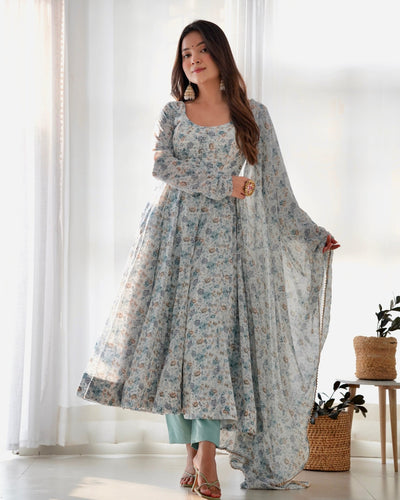 Digitally Printed Pure Chiffon Anarkali Suit With Huge Flair Comes With Duppatta & Pant - Almaari Fashion