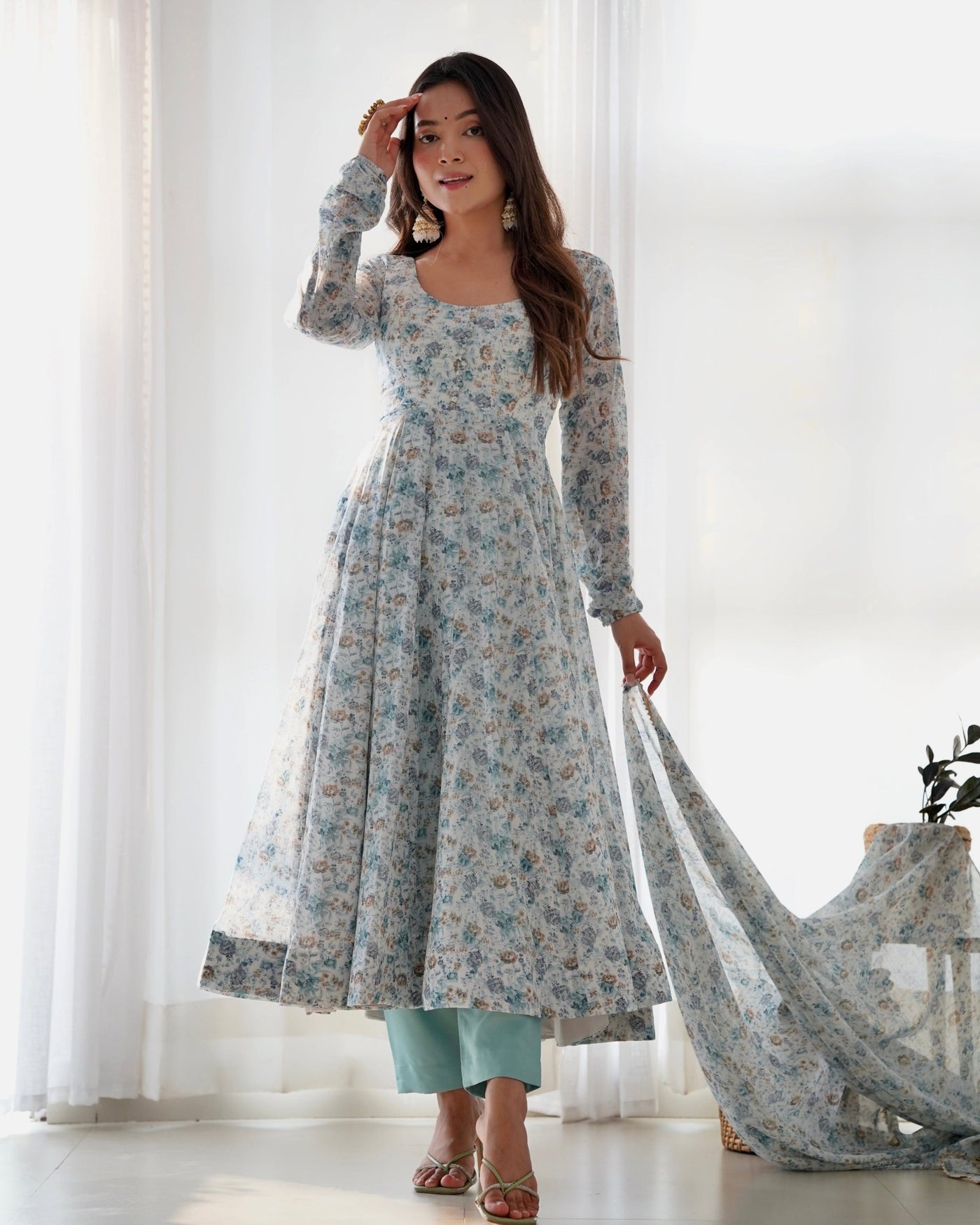 Digitally Printed Pure Chiffon Anarkali Suit With Huge Flair Comes With Duppatta & Pant - Almaari Fashion