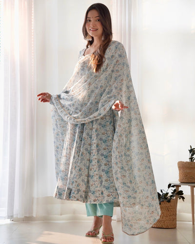 Digitally Printed Pure Chiffon Anarkali Suit With Huge Flair Comes With Duppatta & Pant - Almaari Fashion