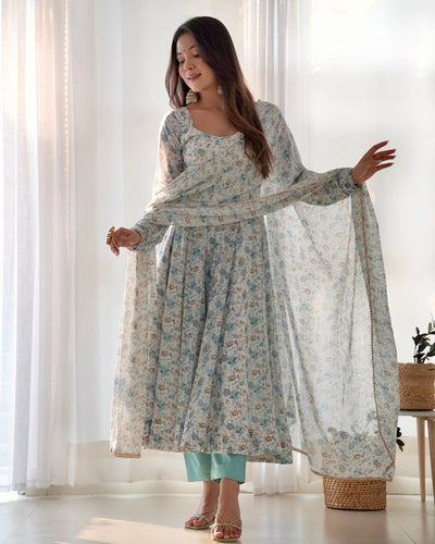 Digitally Printed Pure Chiffon Anarkali Suit With Huge Flair Comes With Duppatta & Pant - Almaari Fashion