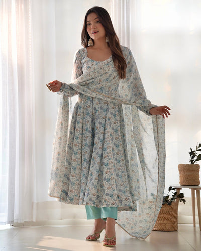 Digitally Printed Pure Chiffon Anarkali Suit With Huge Flair Comes With Duppatta & Pant - Almaari Fashion