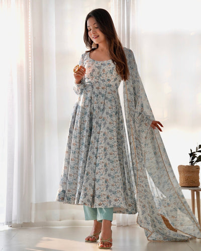 Digitally Printed Pure Chiffon Anarkali Suit With Huge Flair Comes With Duppatta & Pant - Almaari Fashion