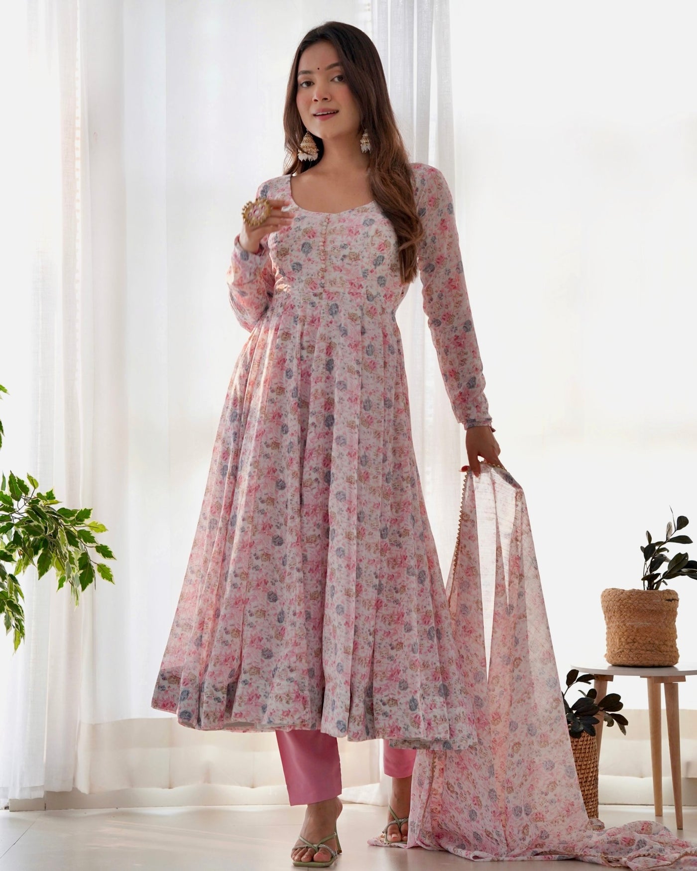 Digitally Printed Pure Chiffon Anarkali Suit With Huge Flair Comes With Duppatta & Pant - Almaari Fashion