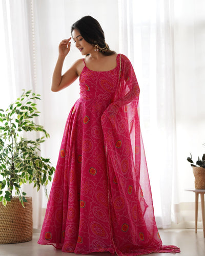 Digitally Printed Pure Chiffon Banndhej Anarkali Suit With Huge Flair Comes With Duppatta & Pant - Almaari Fashion