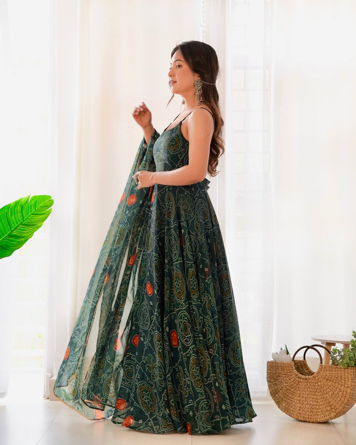 Digitally Printed Pure Chiffon Banndhej Anarkali Suit With Huge Flair Comes With Duppatta & Pant - Almaari Fashion