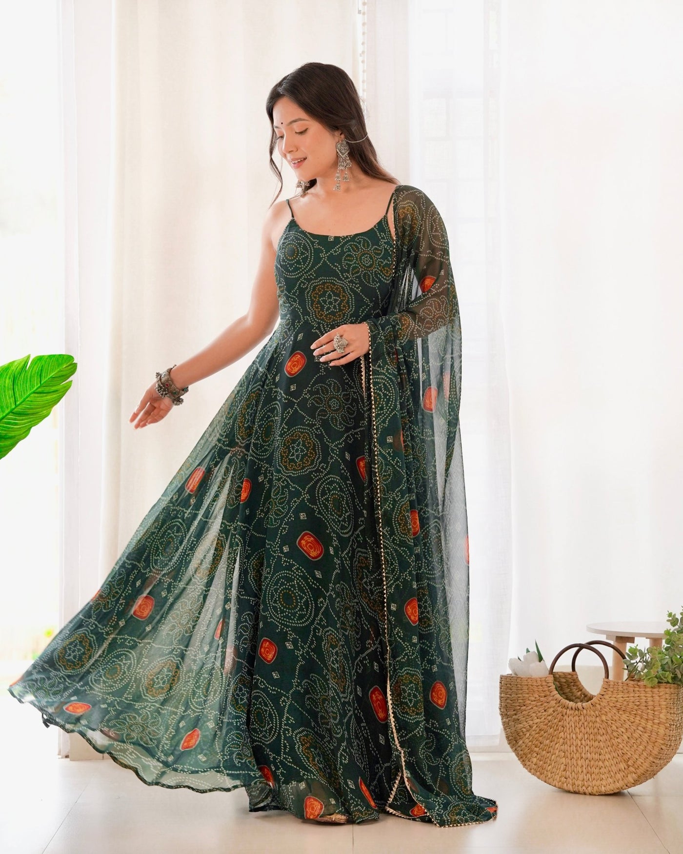 Digitally Printed Pure Chiffon Banndhej Anarkali Suit With Huge Flair Comes With Duppatta & Pant - Almaari Fashion