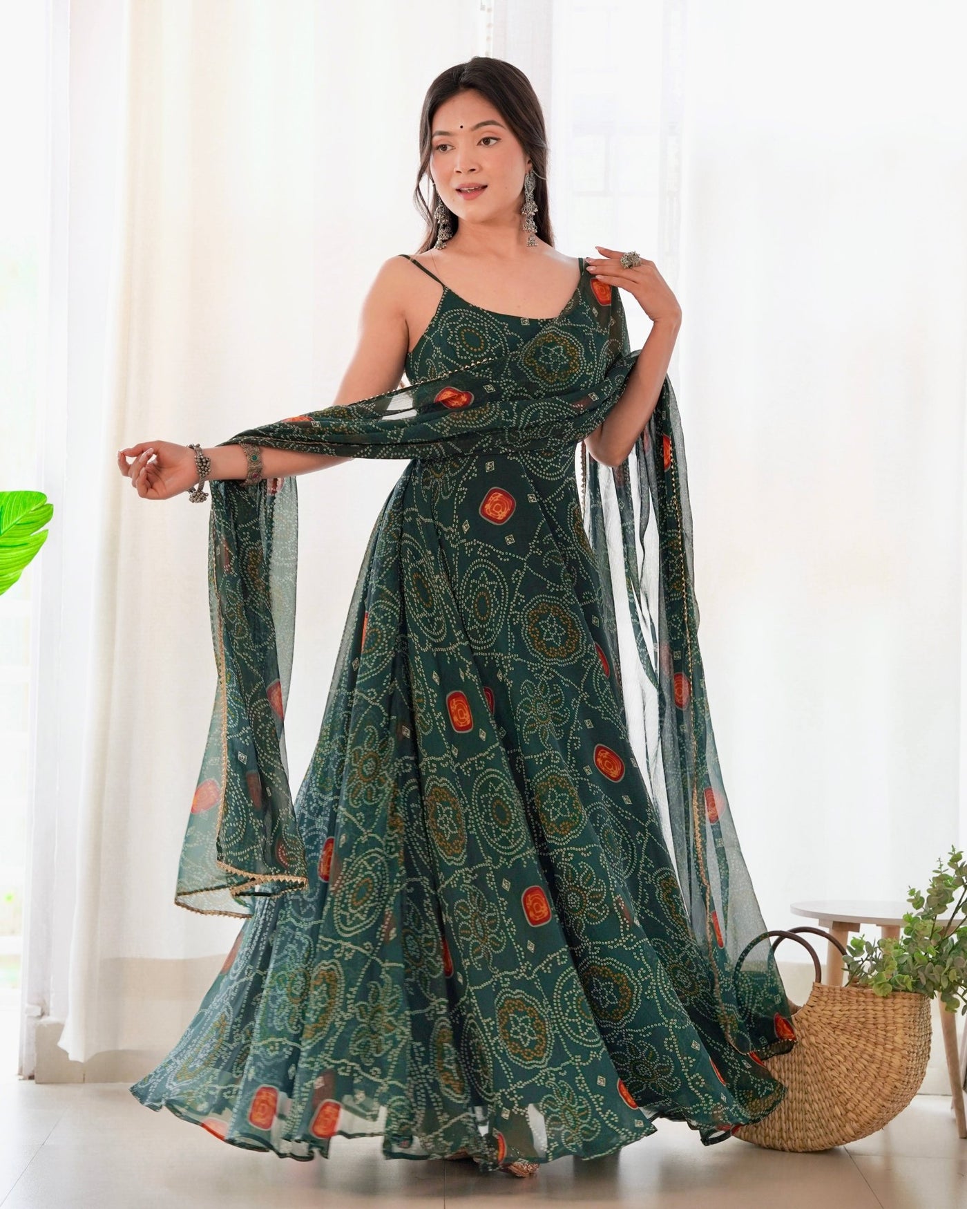 Digitally Printed Pure Chiffon Banndhej Anarkali Suit With Huge Flair Comes With Duppatta & Pant - Almaari Fashion