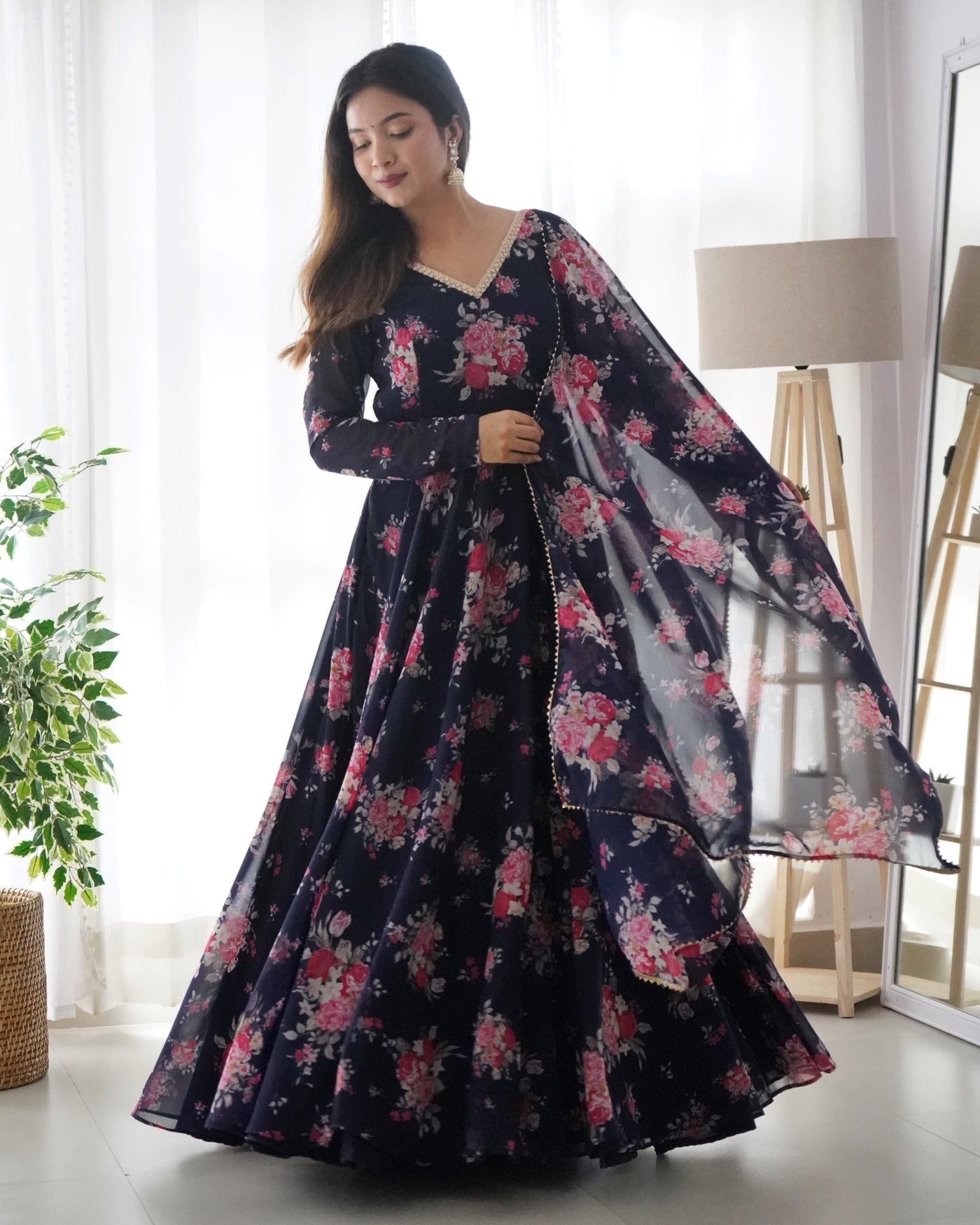 Digitally Printed Pure Fox Georgette Anarkali Suit With Huge Flair Comes With Duppatta & Pant - Almaari Fashion