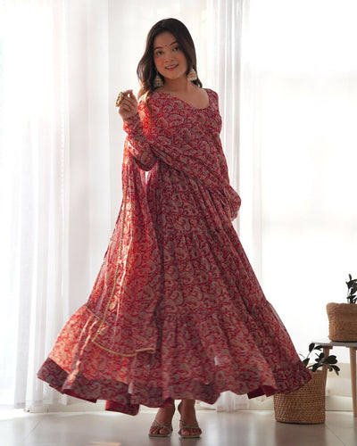 Digitally Printed Pure Georgette Anarkali Suit With Huge Flair Comes With Duppatta & Pant - Almaari Fashion