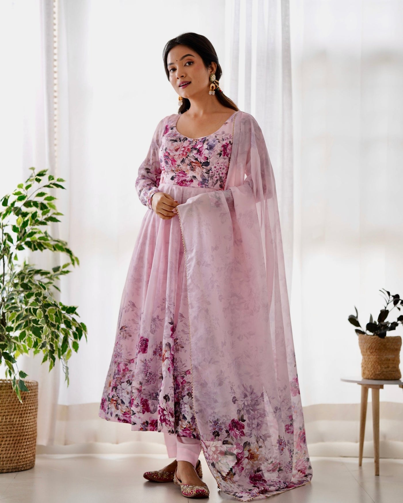 Digitally Printed Pure Organza Anarkali Suit With Huge Flair Comes With Duppatta & Pant - Almaari Fashion