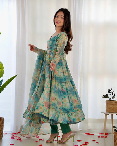 Digitally Printed Pure Organza Anarkali Suit With Huge Flair Comes With Duppatta & Pant - Almaari Fashion