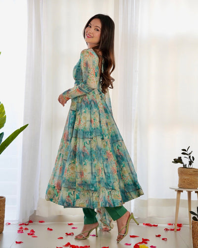 Digitally Printed Pure Organza Anarkali Suit With Huge Flair Comes With Duppatta & Pant - Almaari Fashion