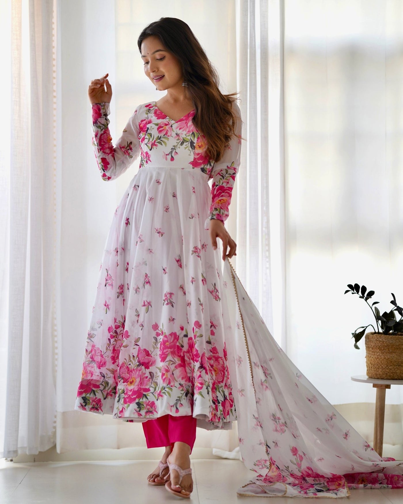 Digitally Printed Pure Organza Anarkali Suit With Huge Flair Comes With Duppatta & Pant - Almaari Fashion