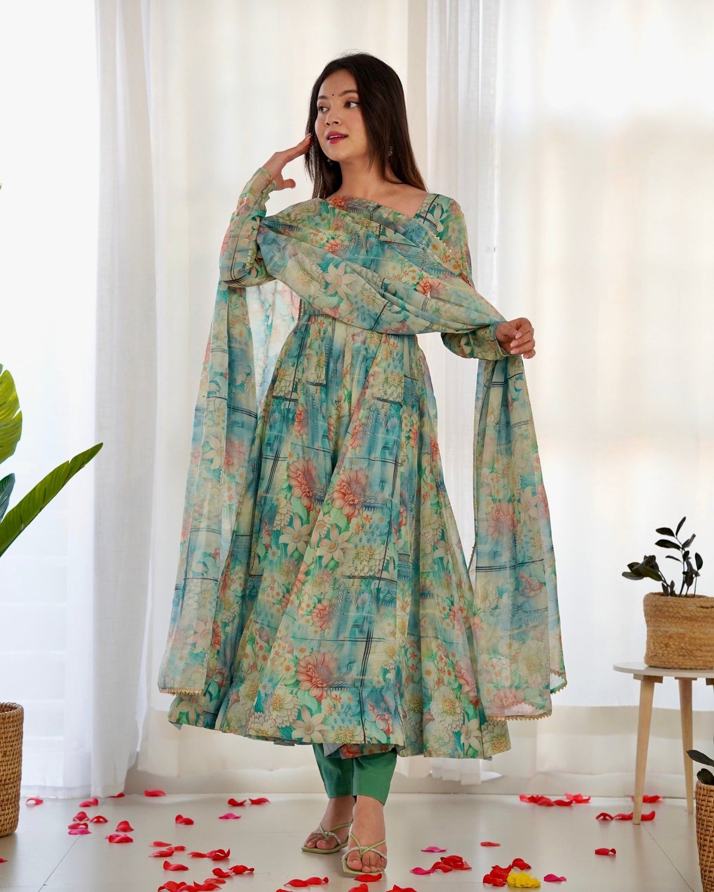 Digitally Printed Pure Organza Anarkali Suit With Huge Flair Comes With Duppatta & Pant - Almaari Fashion