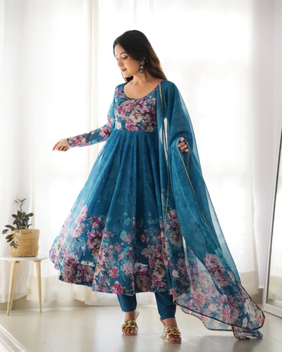 Digitally Printed Pure Organza Anarkali Suit With Huge Flair Comes With Duppatta & Pant - Almaari Fashion