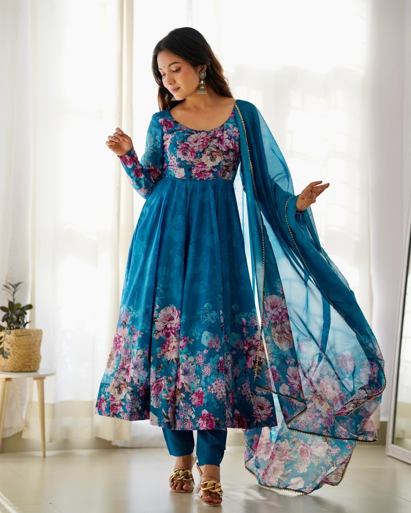 Digitally Printed Pure Organza Anarkali Suit With Huge Flair Comes With Duppatta & Pant - Almaari Fashion