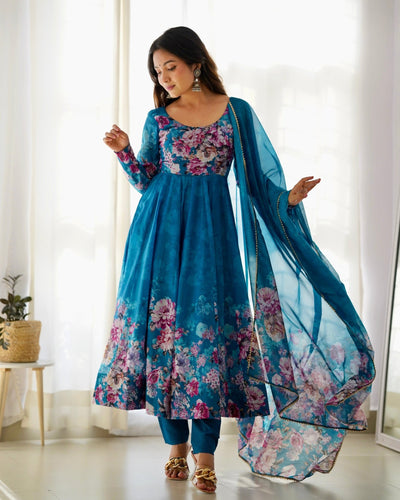 Digitally Printed Pure Organza Anarkali Suit With Huge Flair Comes With Duppatta & Pant - Almaari Fashion