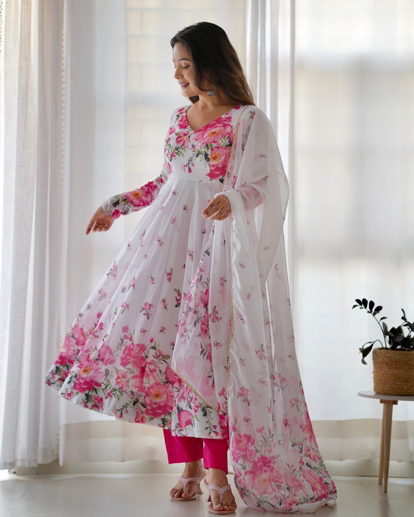 Digitally Printed Pure Organza Anarkali Suit With Huge Flair Comes With Duppatta & Pant - Almaari Fashion