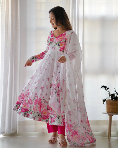 Digitally Printed Pure Organza Anarkali Suit With Huge Flair Comes With Duppatta & Pant - Almaari Fashion