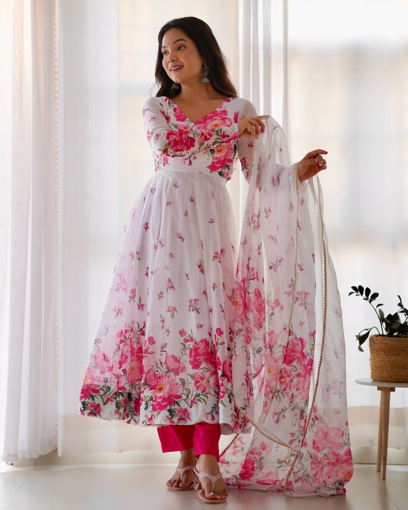 Digitally Printed Pure Organza Anarkali Suit With Huge Flair Comes With Duppatta & Pant - Almaari Fashion
