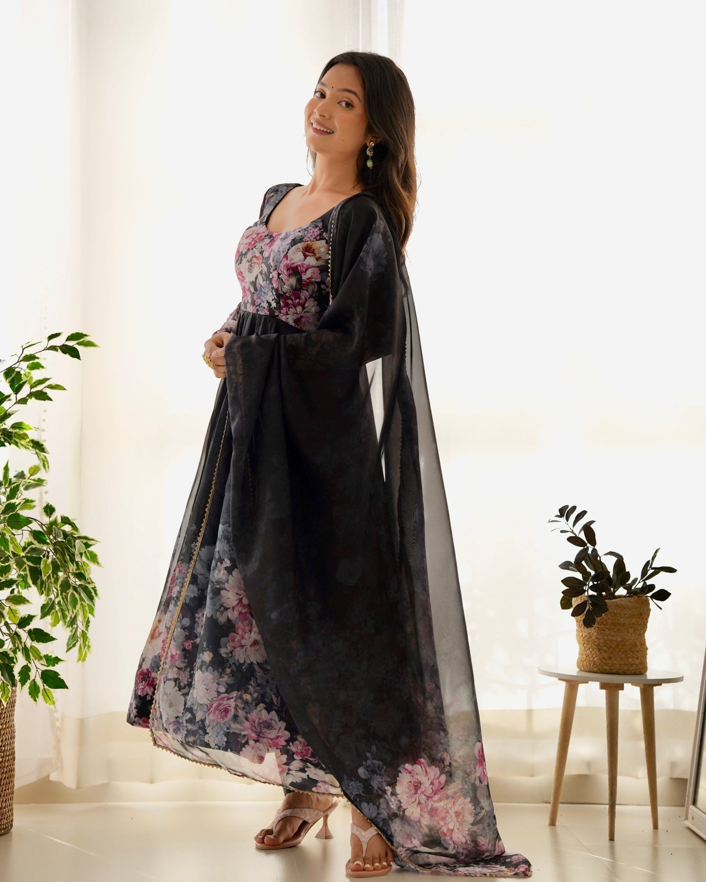 Digitally Printed Pure Organza Anarkali Suit With Huge Flair Comes With Duppatta & Pant - Almaari Fashion