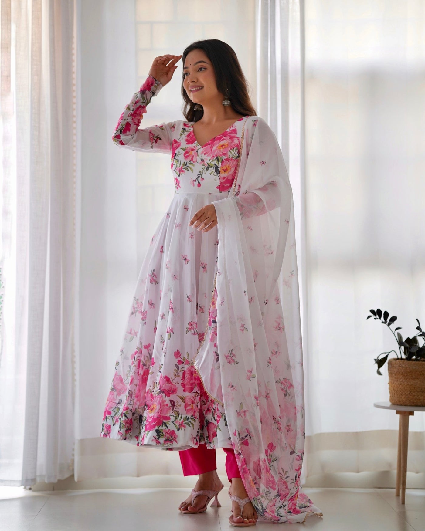 Digitally Printed Pure Organza Anarkali Suit With Huge Flair Comes With Duppatta & Pant - Almaari Fashion