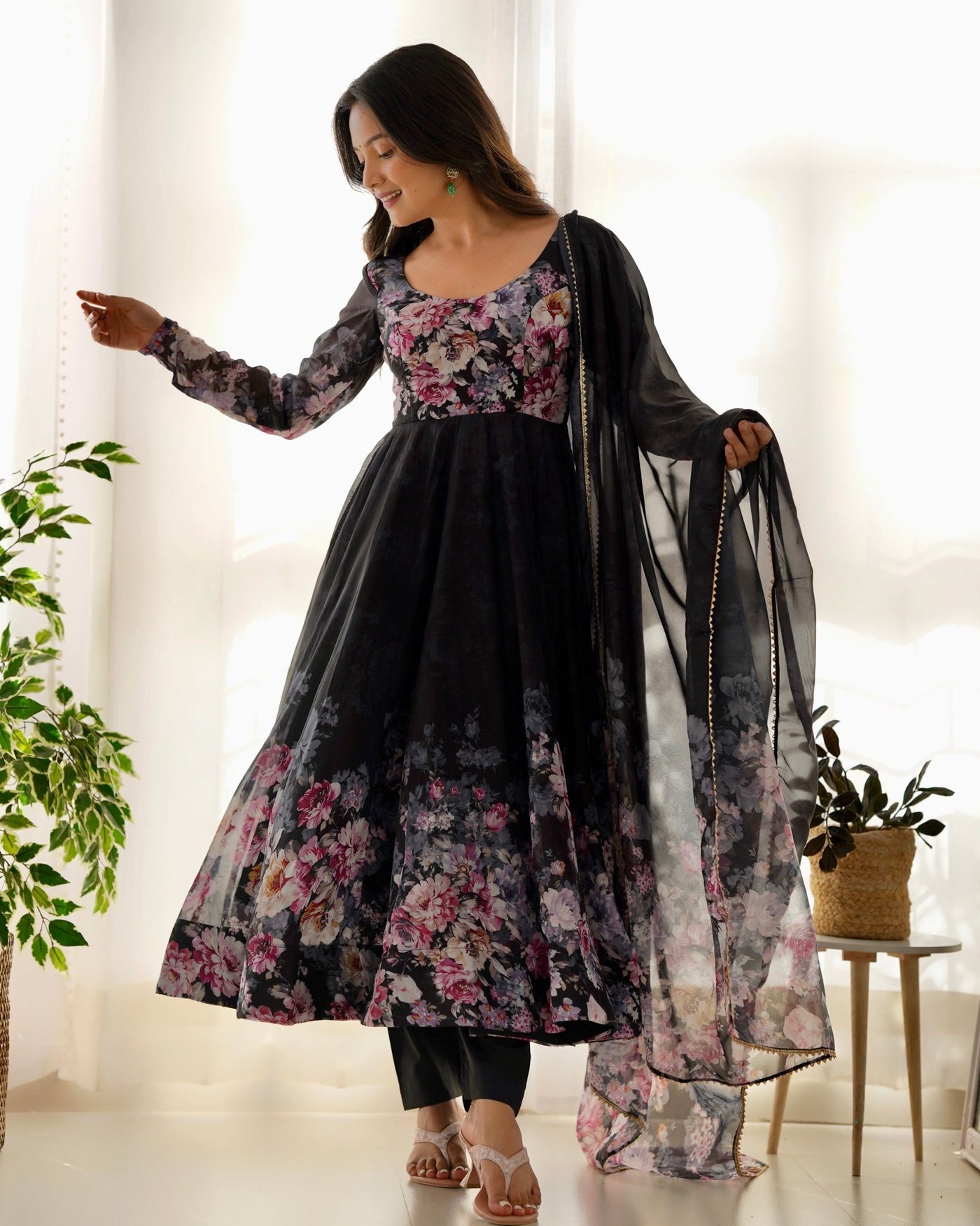 Digitally Printed Pure Organza Anarkali Suit With Huge Flair Comes With Duppatta & Pant - Almaari Fashion