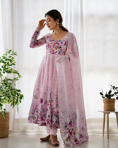 Digitally Printed Pure Organza Anarkali Suit With Huge Flair Comes With Duppatta & Pant - Almaari Fashion