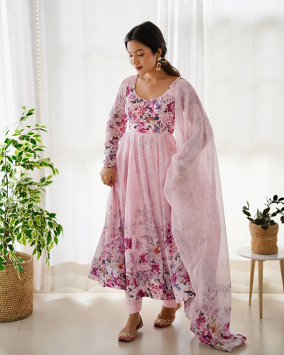 Digitally Printed Pure Organza Anarkali Suit With Huge Flair Comes With Duppatta & Pant - Almaari Fashion