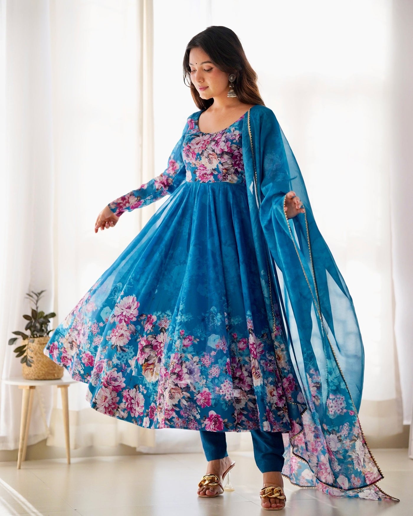 Digitally Printed Pure Organza Anarkali Suit With Huge Flair Comes With Duppatta & Pant - Almaari Fashion