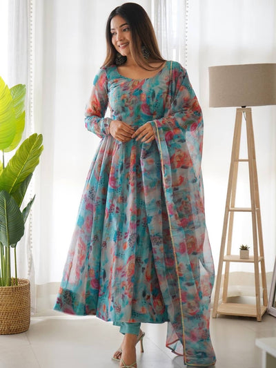 Digitally Printed Pure Organza Anarkali Suit With Huge Flair Comes With Duppatta & Pant - Almaari Fashion