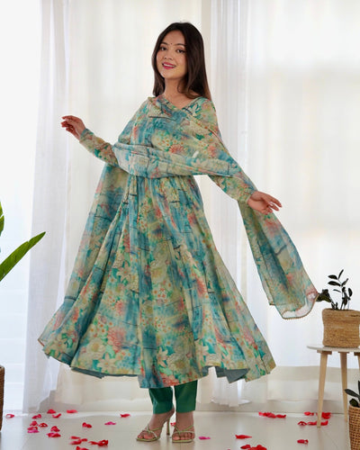 Digitally Printed Pure Organza Anarkali Suit With Huge Flair Comes With Duppatta & Pant - Almaari Fashion