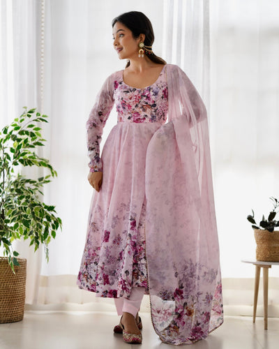 Digitally Printed Pure Organza Anarkali Suit With Huge Flair Comes With Duppatta & Pant - Almaari Fashion