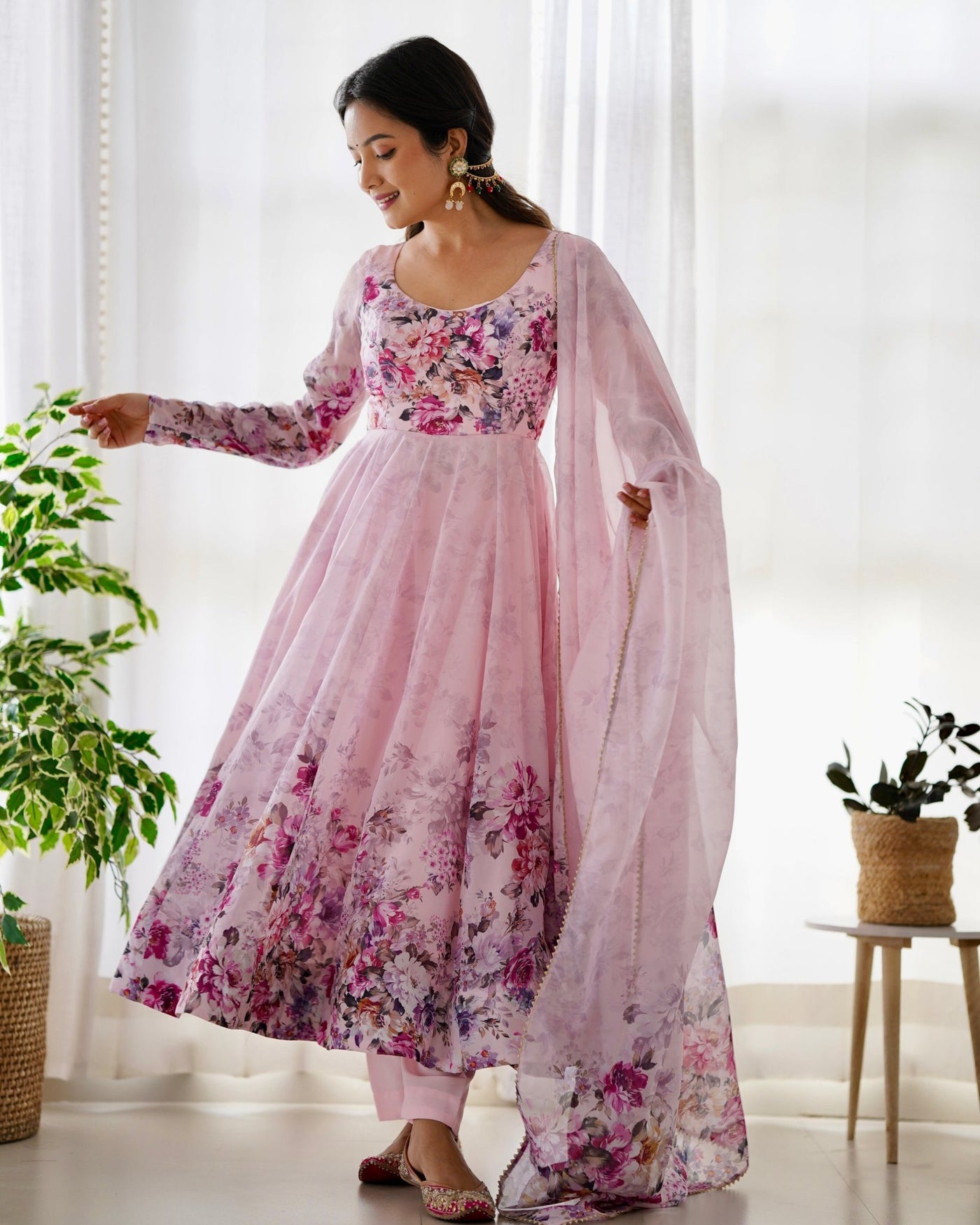 Digitally Printed Pure Organza Anarkali Suit With Huge Flair Comes With Duppatta & Pant - Almaari Fashion