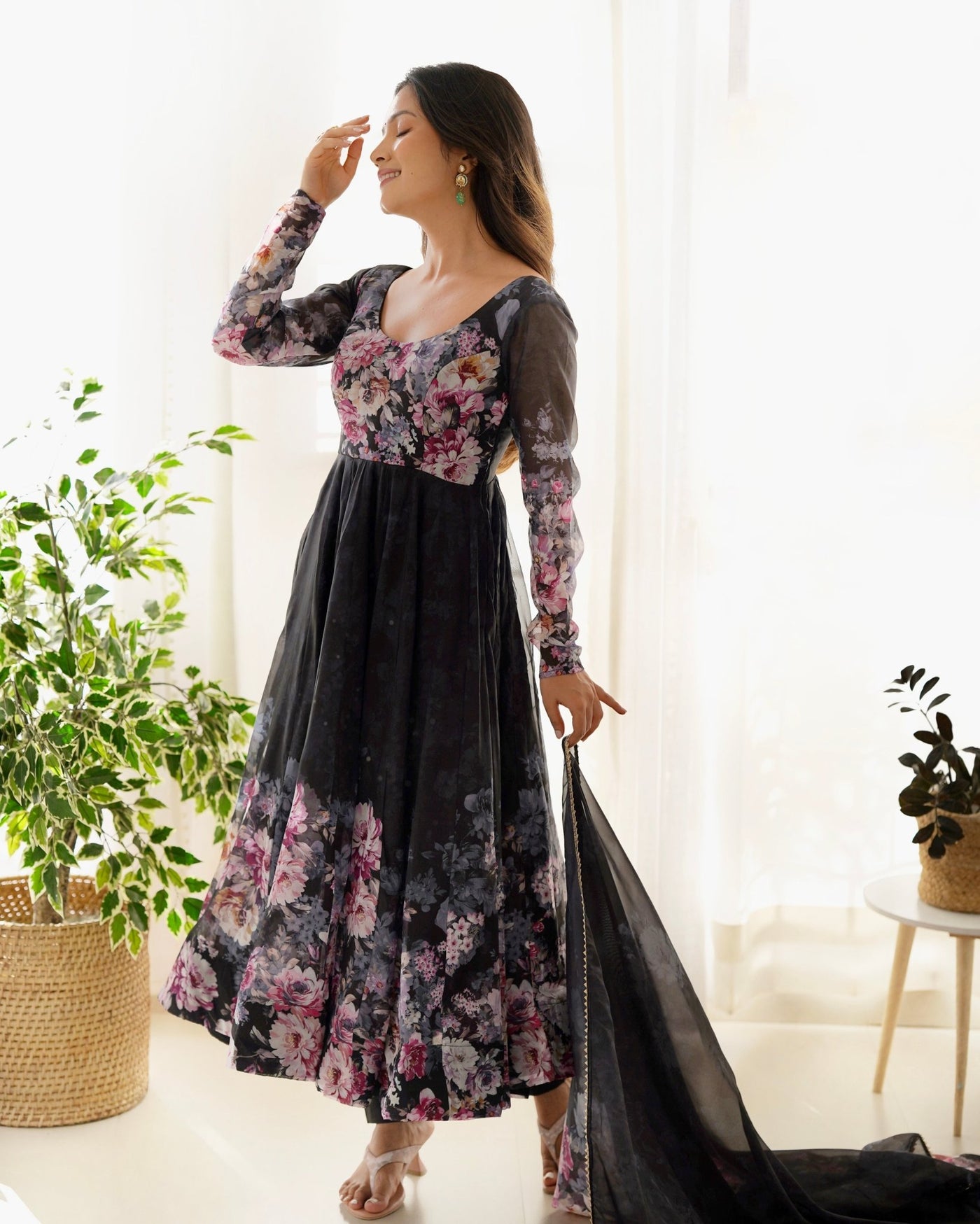 Digitally Printed Pure Organza Anarkali Suit With Huge Flair Comes With Duppatta & Pant - Almaari Fashion