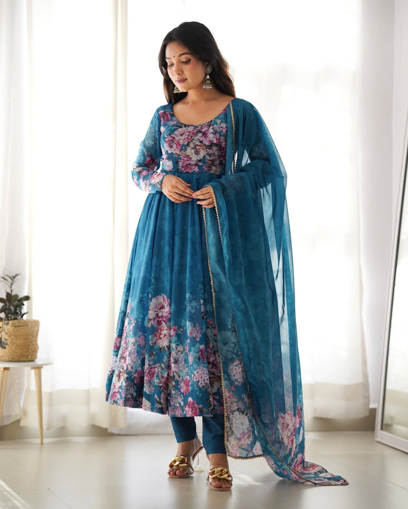 Digitally Printed Pure Organza Anarkali Suit With Huge Flair Comes With Duppatta & Pant - Almaari Fashion