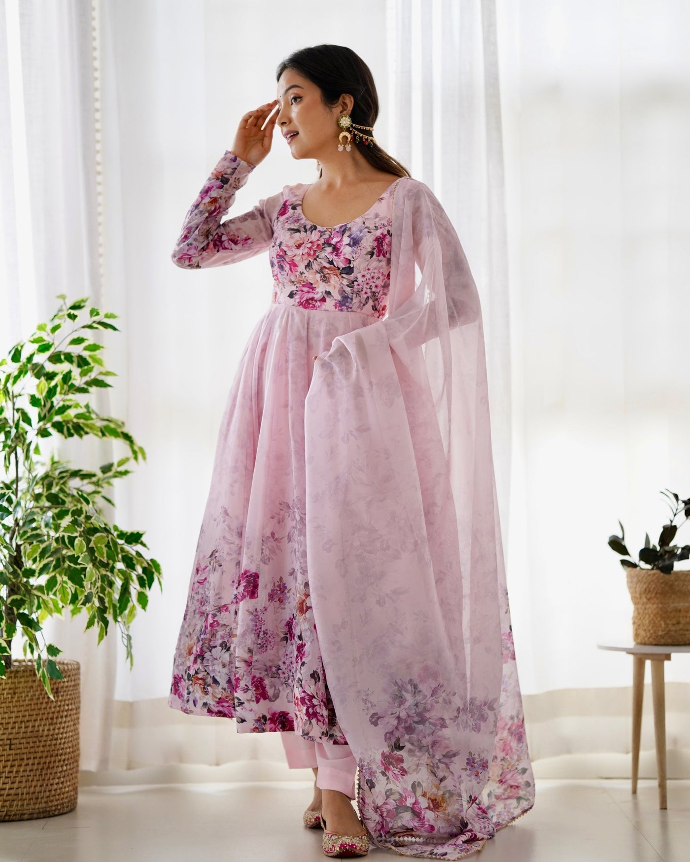 Digitally Printed Pure Organza Anarkali Suit With Huge Flair Comes With Duppatta & Pant - Almaari Fashion