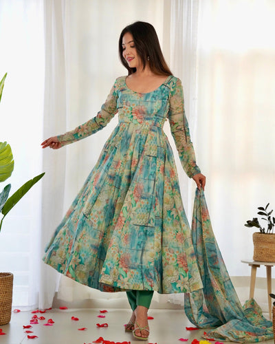 Digitally Printed Pure Organza Anarkali Suit With Huge Flair Comes With Duppatta & Pant - Almaari Fashion