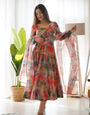 Digitally Printed Pure Organza Anarkali Suit With Huge Flair Comes With Duppatta & Pant