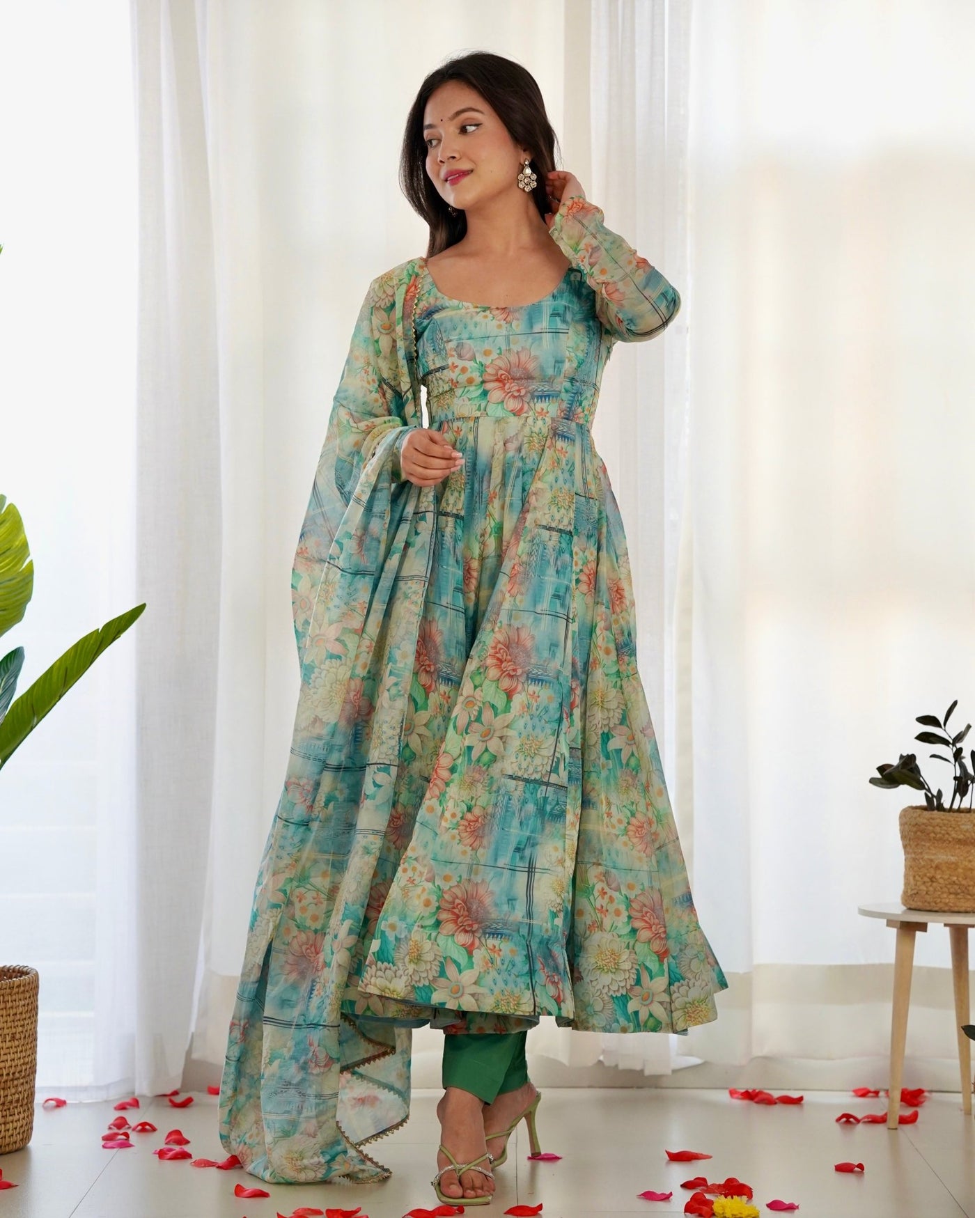 Digitally Printed Pure Organza Anarkali Suit With Huge Flair Comes With Duppatta & Pant - Almaari Fashion