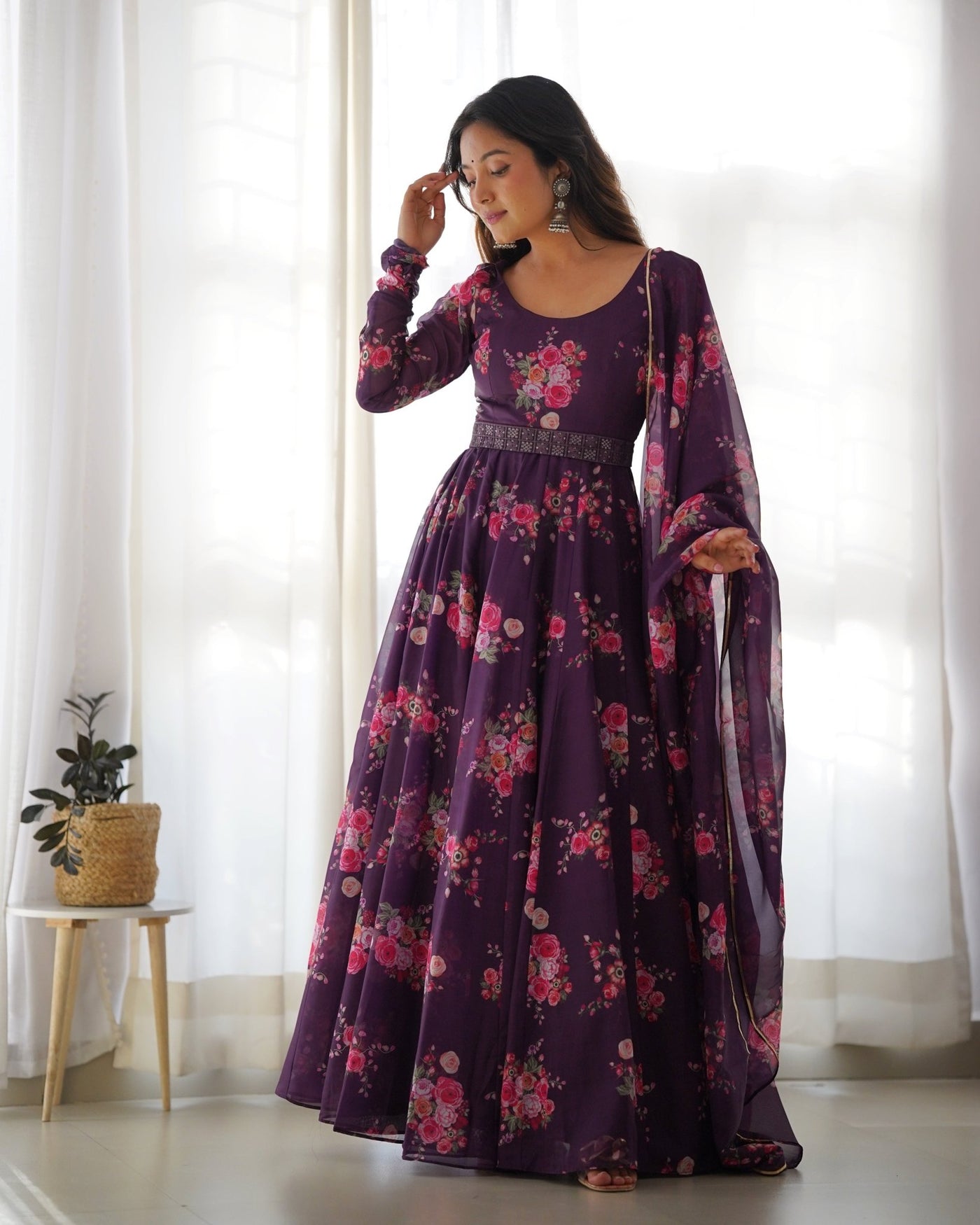 Digitally Printed Pure Organza Gown With Huge Flair Comes With Duppatta & Pent - Almaari Fashion