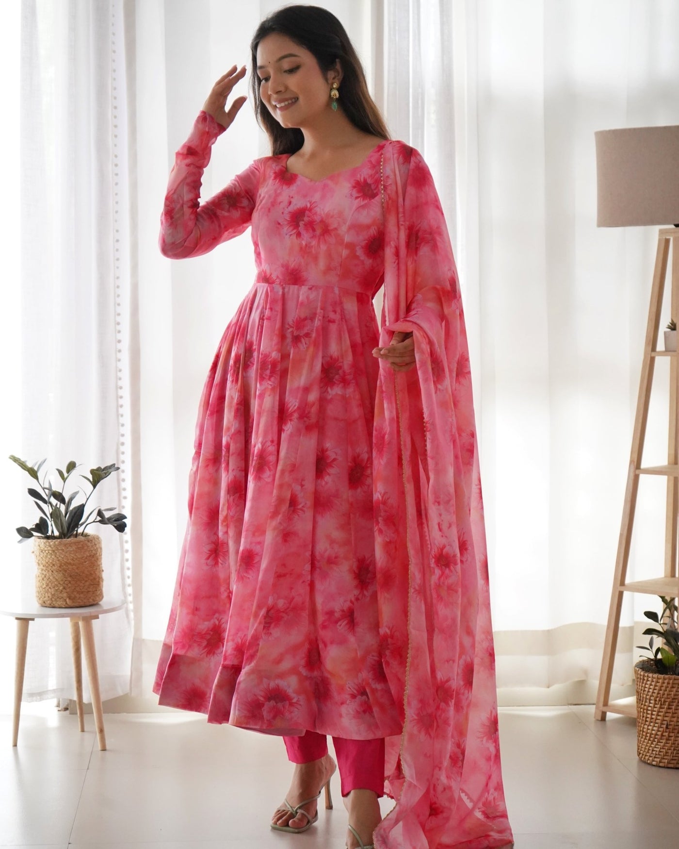 Digitally Printed Pure Organza Gown With Huge Flair Comes With Duppatta & Pent - Almaari Fashion