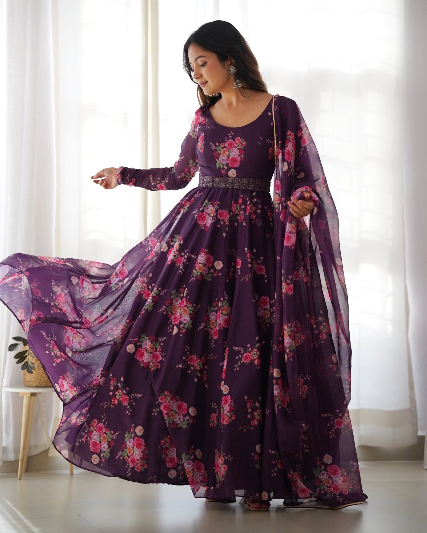 Digitally Printed Pure Organza Gown With Huge Flair Comes With Duppatta & Pent - Almaari Fashion