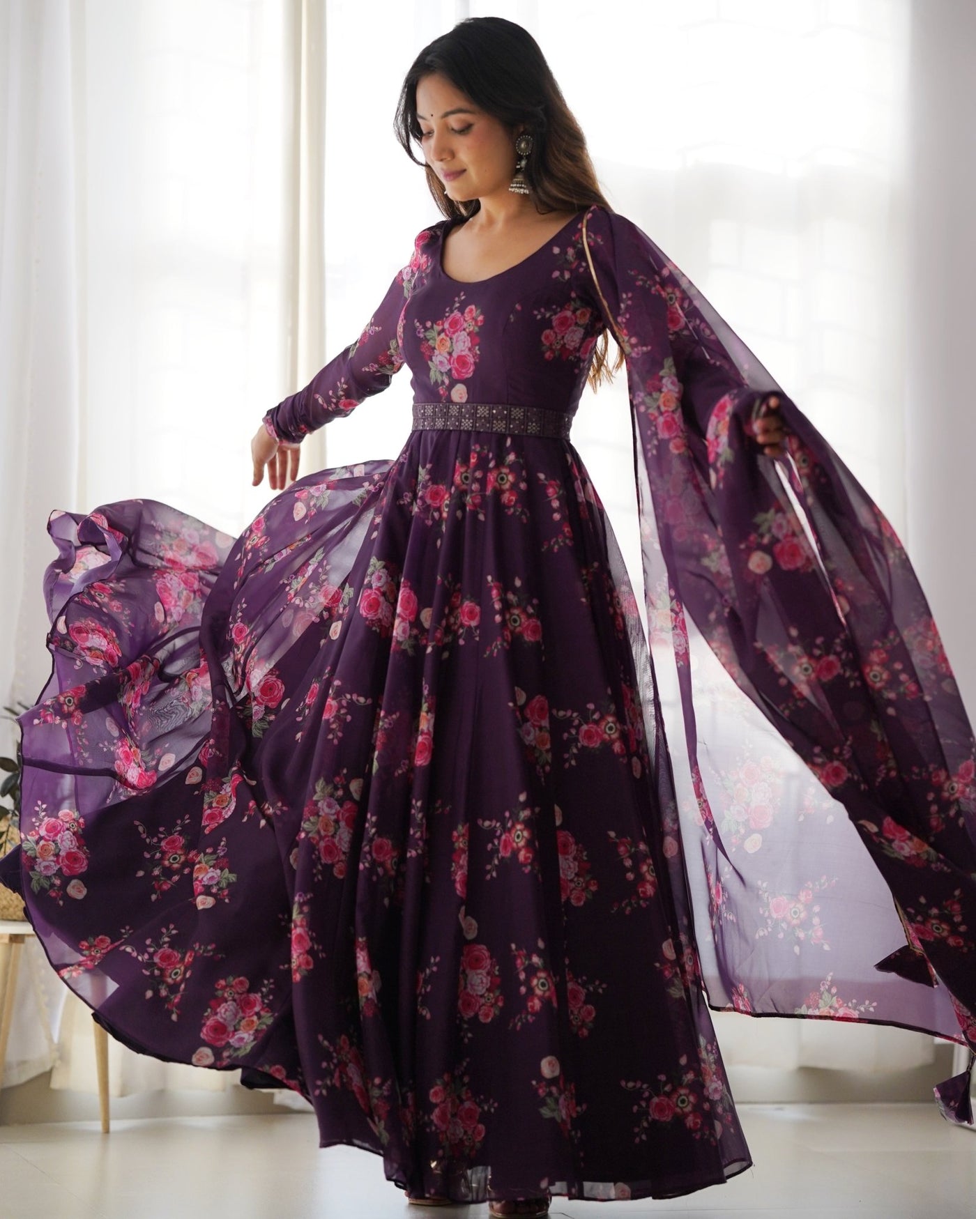 Digitally Printed Pure Organza Gown With Huge Flair Comes With Duppatta & Pent - Almaari Fashion