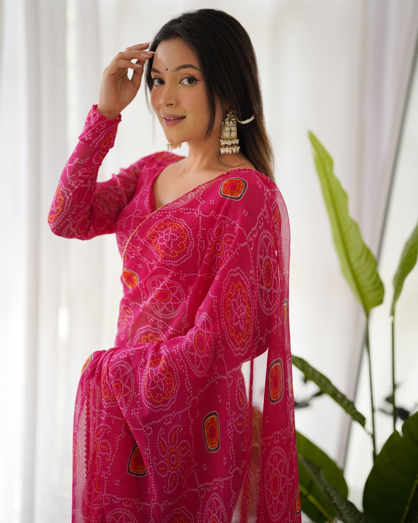 Digitally Printed Ready-To-Wear Chiffon Bandhej Saree - Almaari Fashion