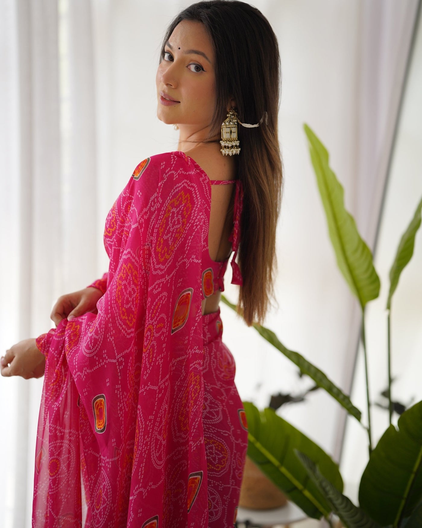 Digitally Printed Ready-To-Wear Chiffon Bandhej Saree - Almaari Fashion